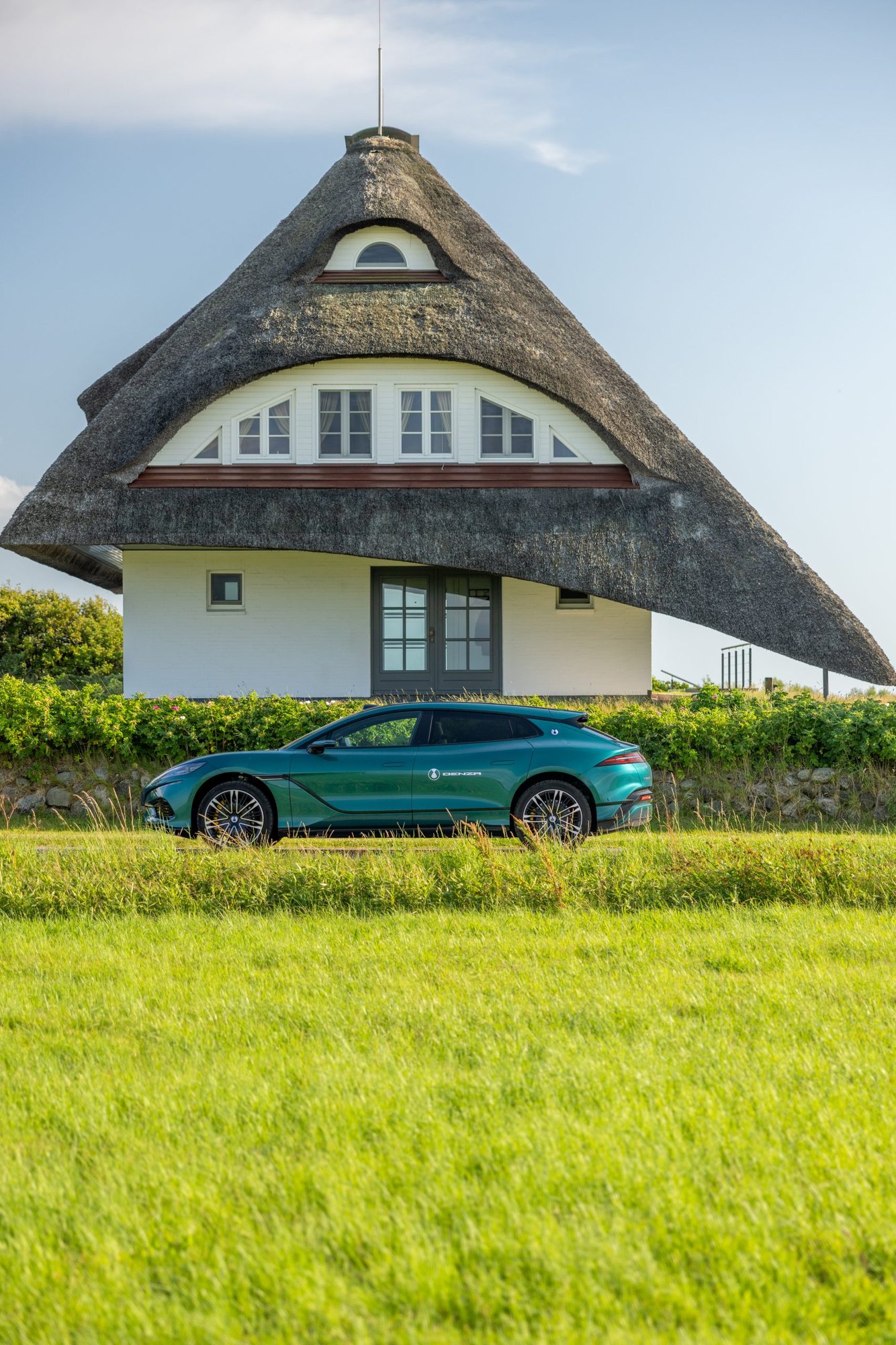 Reetgedecktes Friesenhaus mit petrolfarbenem Auto davor auf grüner Wiese